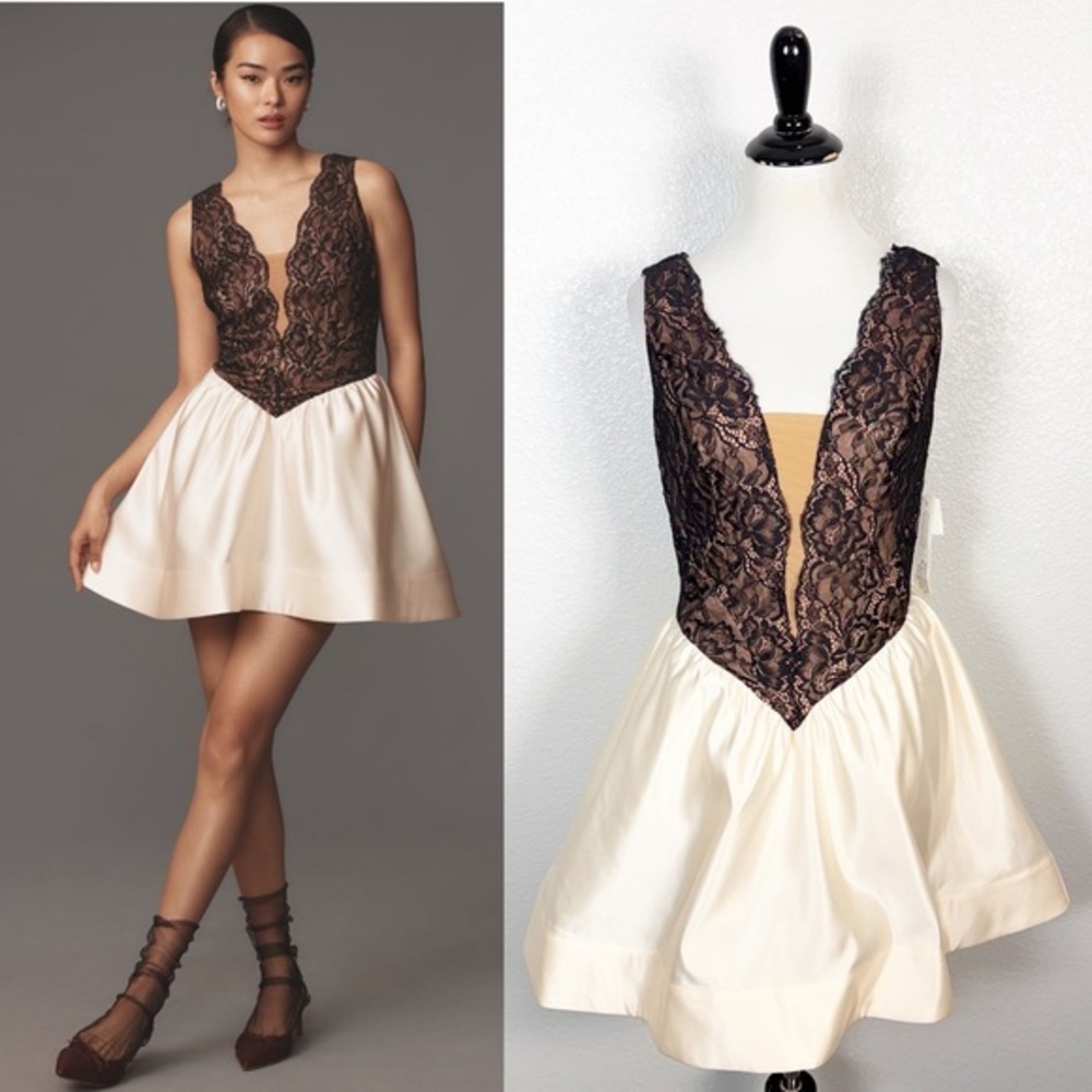Maeve Anthropologie NWT Womens Size 2 Basque Waist Black Lace Top Mini Dress
